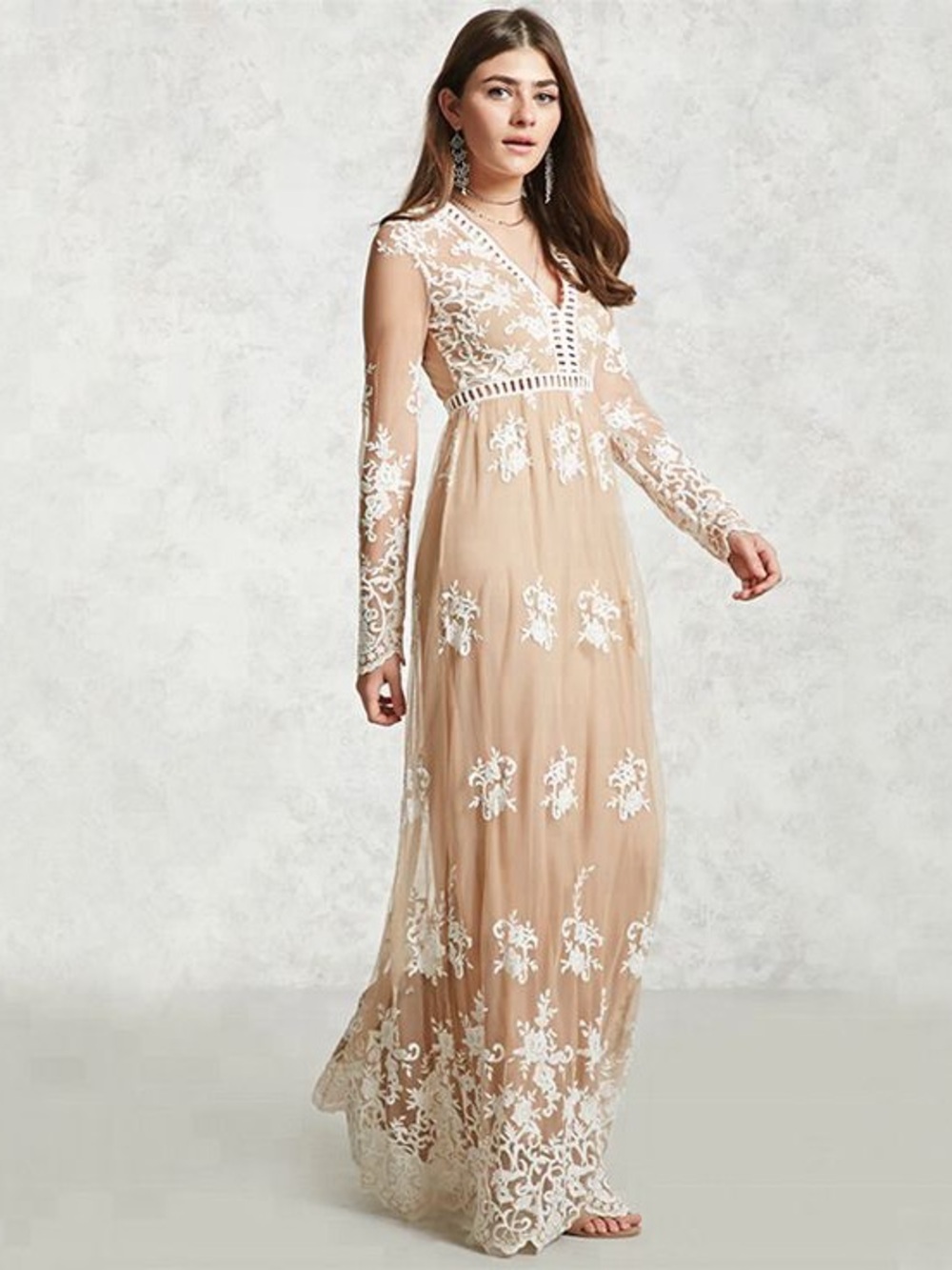 Nude Lace Embroidered V-Neck Maxi Dress